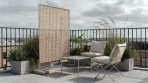 Petit balcon aménagé avec brise-vent amovible sur pieds, bacs de plantes basses et mobilier lesté, sans fixation définitive