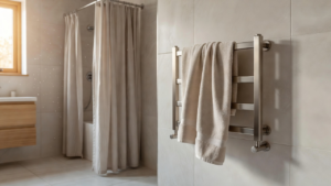 Salle de bain lumineuse au petit matin avec une serviette suspendue sur un radiateur sèche-serviettes
