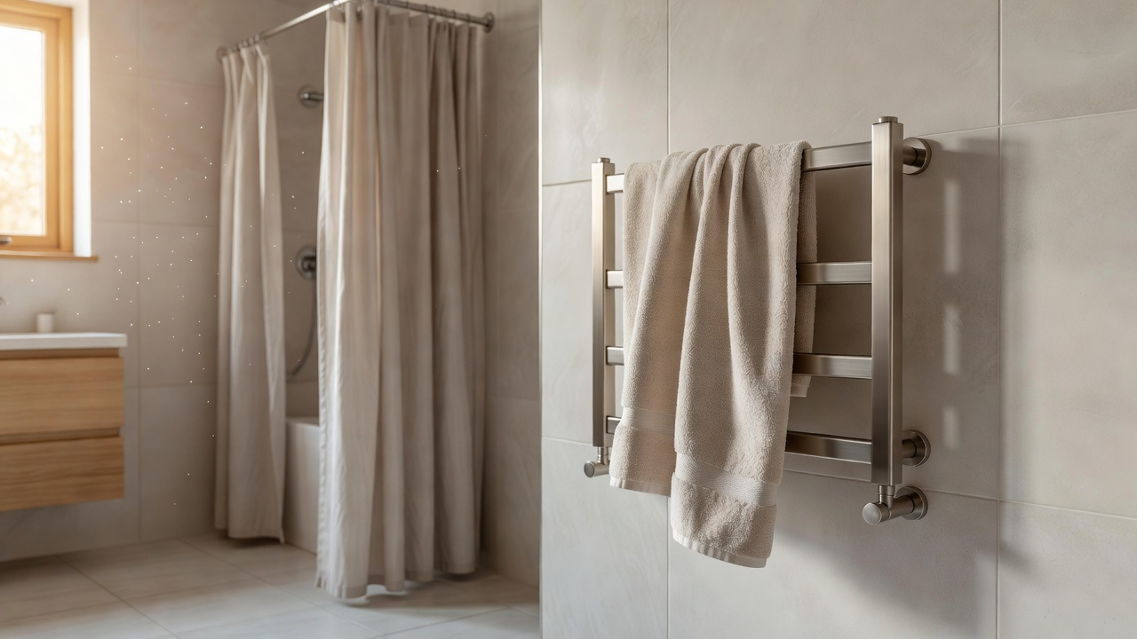 Salle de bain lumineuse au petit matin avec une serviette suspendue sur un radiateur sèche-serviettes
