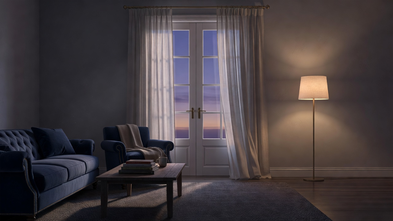 Porte-fenêtre d'un salon au crépuscule, rideau légèrement agité par un courant d'air