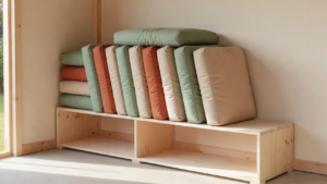 Coussins de terrasse posés debout sur tranche sur une étagère d'abri de jardin, stockage sec et aéré