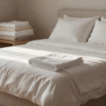 Serviette propre posée sur un lit d'invité fait avec soin, à côté d'une pile de linge plié