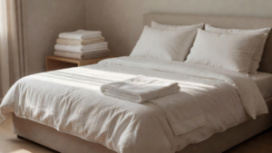 Serviette propre posée sur un lit d'invité fait avec soin, à côté d'une pile de linge plié