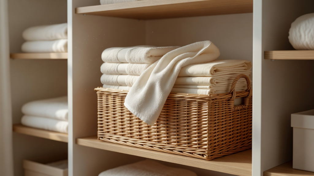 Panier de rangement avec serviettes et draps pliés pour les invités, posé sur une étagère