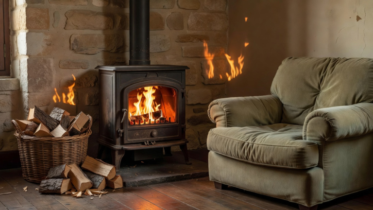 Poêle à bois en fonte allumé dans un salon chaleureux en hiver