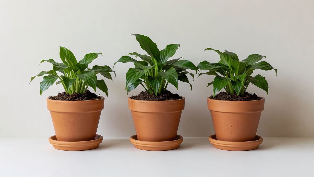 Trois pots en terre cuite avec des plantes, regroupés à l'ombre, sans étiquette.