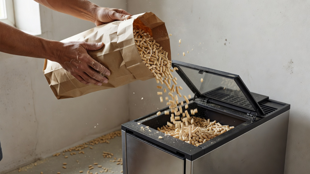Granulés de bois stockés au sec près d'un poêle à pellets