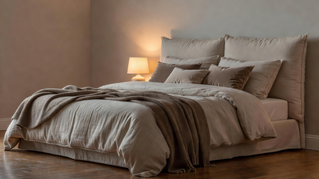 Chambre douillette avec tête de lit en bois clair, linge de lit chaud et lumière tamisée
