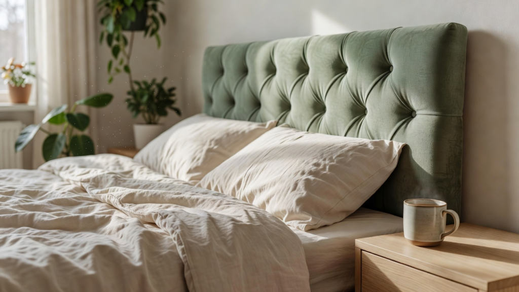 Tête de lit textile et lumière chaude dans une chambre réconfortante