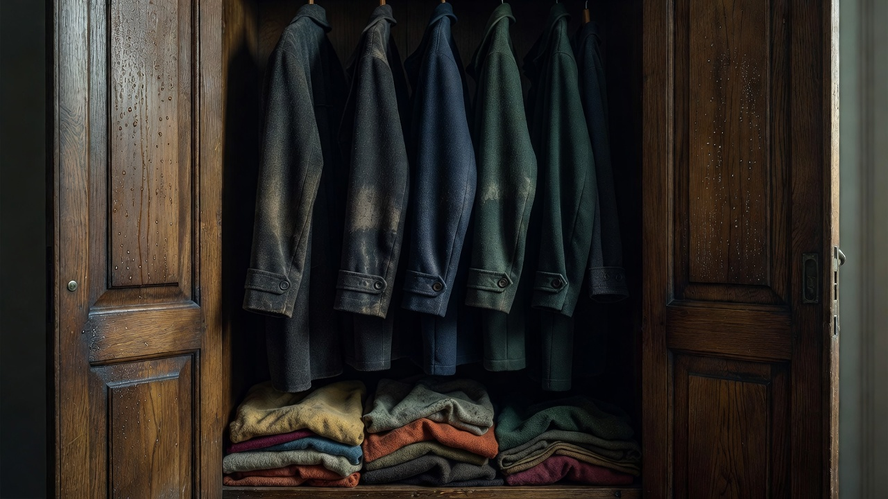 Placard de chambre bien rangé, porte entrouverte, cintres espacés et draps étagés pour laisser circuler l'air