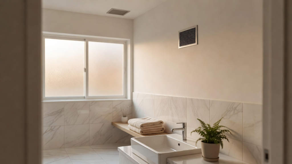 Salle de bain lumineuse avec bouche de VMC discrète au plafond