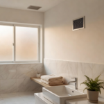 Salle de bain lumineuse avec bouche de VMC discrète au plafond
